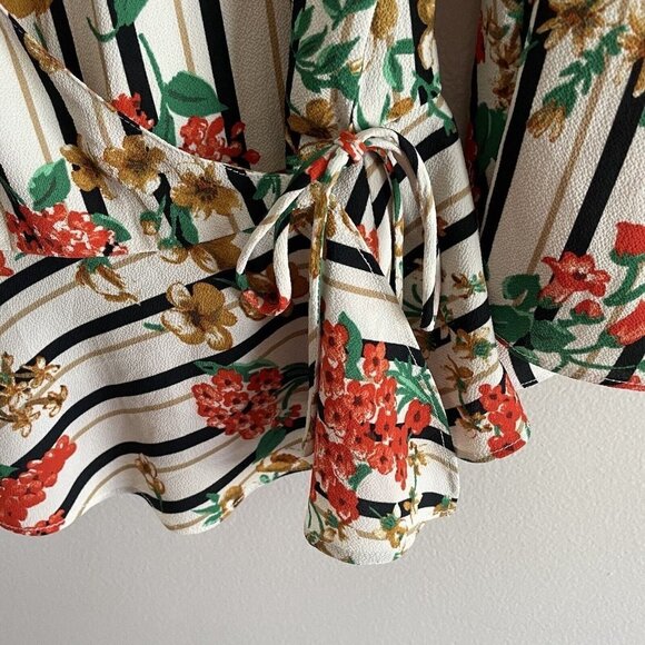 Zara Basic Collection Women S Striped Floral Kimono Sleeves Peplum Wrap Blouse - Picture 4 of 9